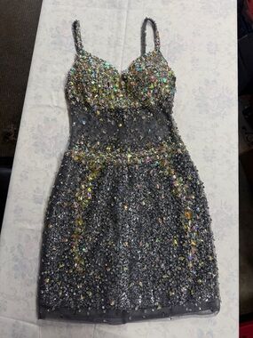 Rachel Allan Gunmetal Mini Dress with Iridescent Crystal Embellishments